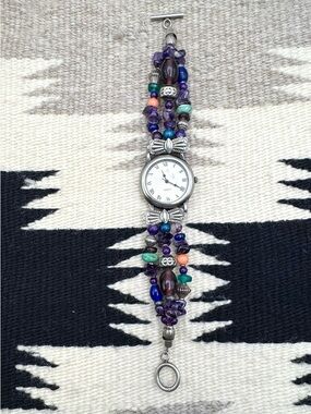 Southwestern Sterling Silver Amethyst Multi Stone Womans Beaded Watch 8"